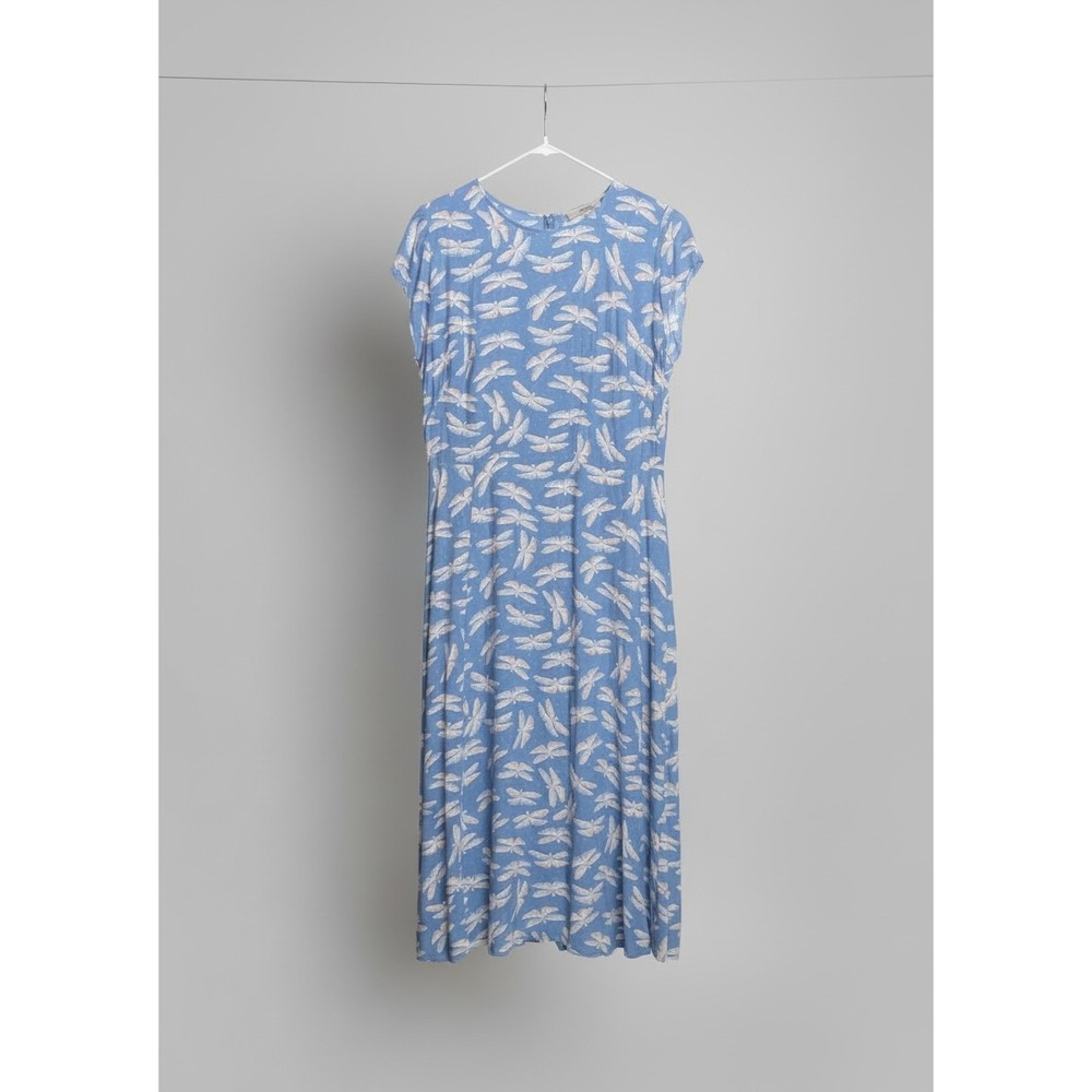 LOFT Midi Dress Women 14 Blue Dragonfly Print Cap Sleeve Side Slit Viscose